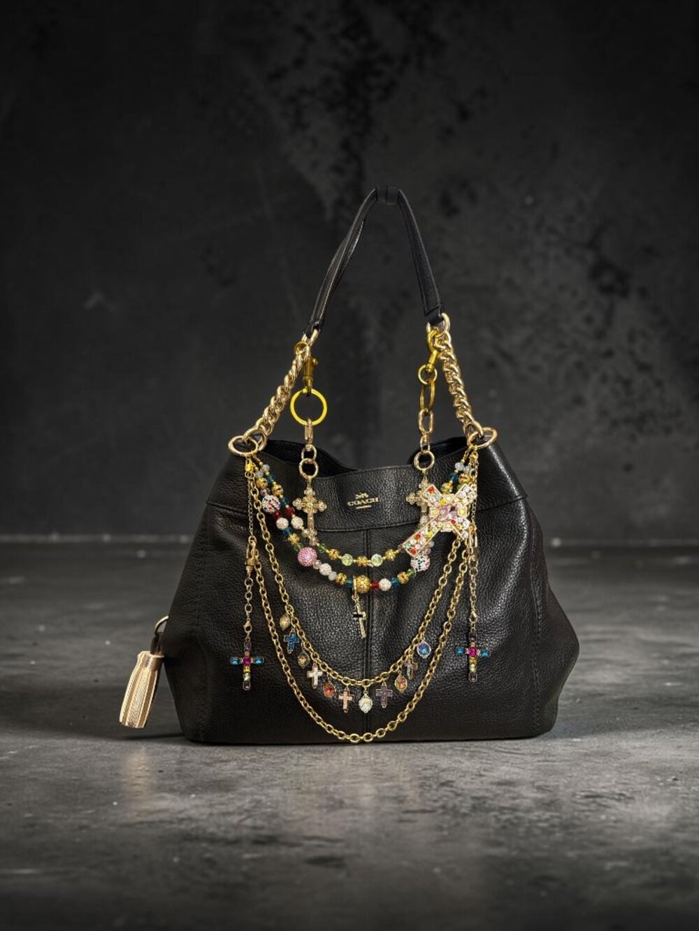 Coach Queen Upcrafted Black Pebbled Leather Lexy Shoulder Bag Gold Chain Detail